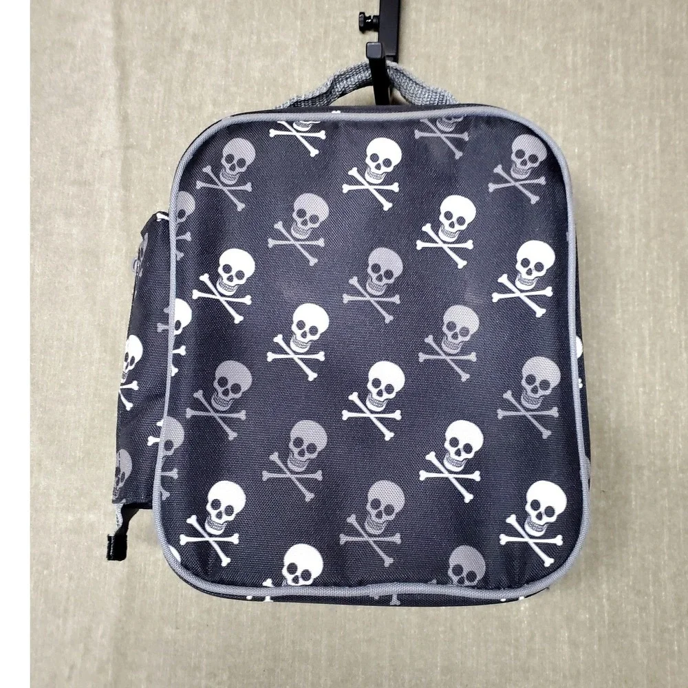 Bentology Insulated Lunch Bag Skulls Crossbones Black Grey White Zippered Pouch